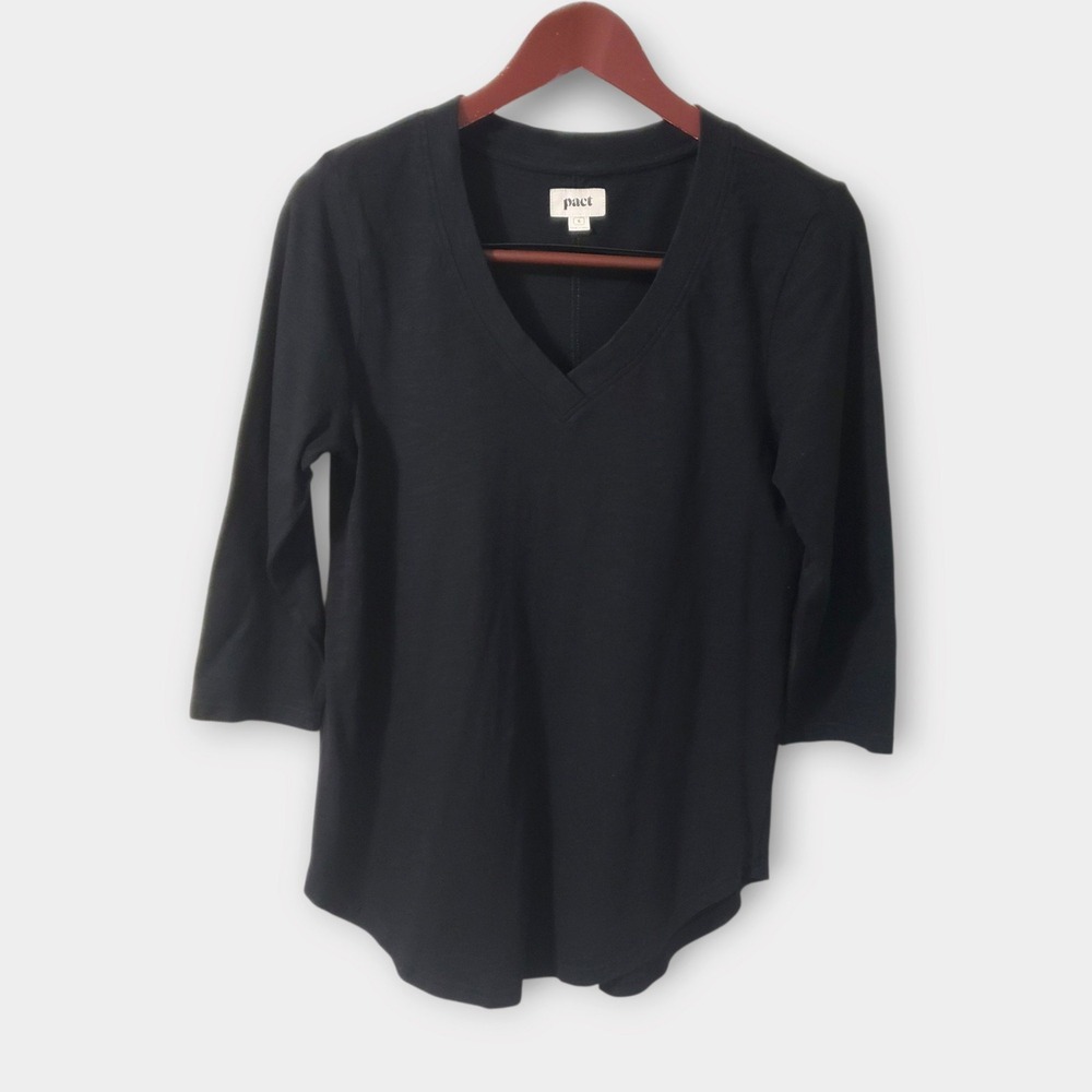 Pact Womens Organic Cotton Slub V-Neck 3/4 Sleeve Top Tshirt Black Small